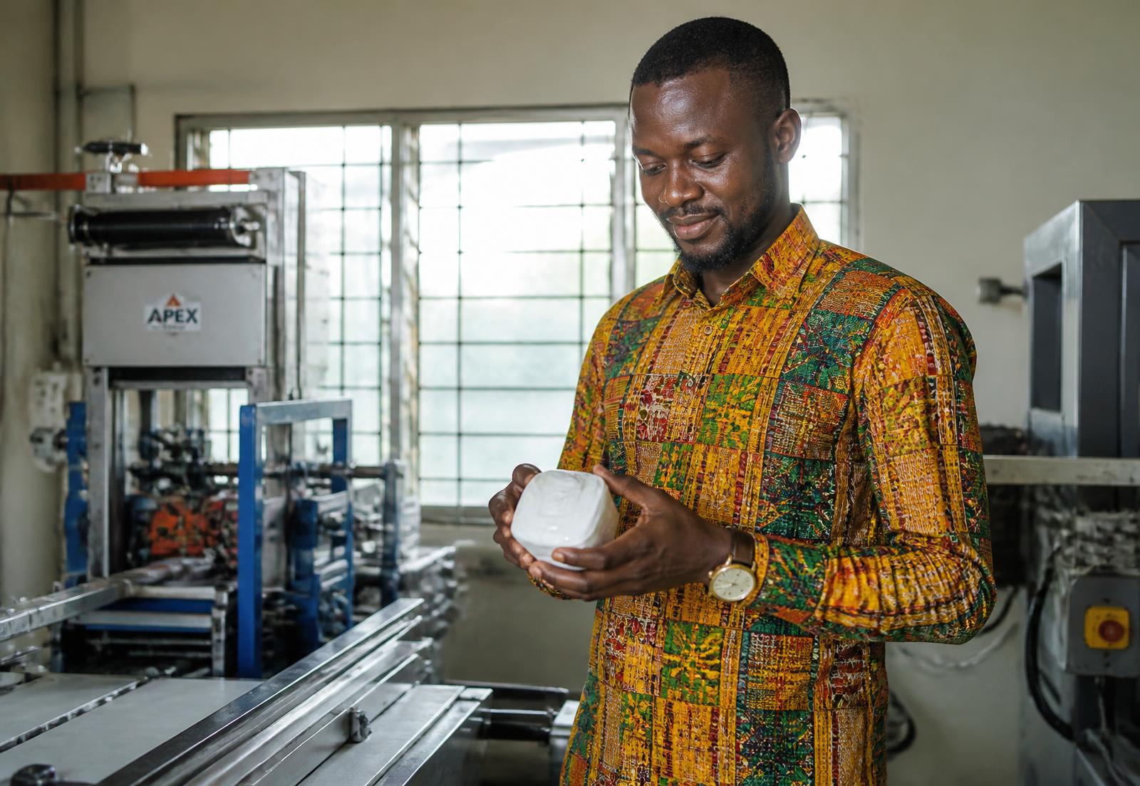 A Ghanaian entrepreneur inspecting products in a modern workshop