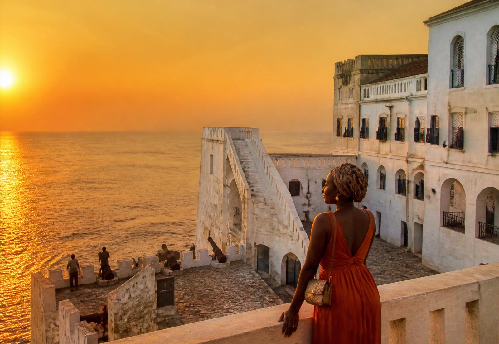 A traveller at Cape Coast Castle at golden hour
