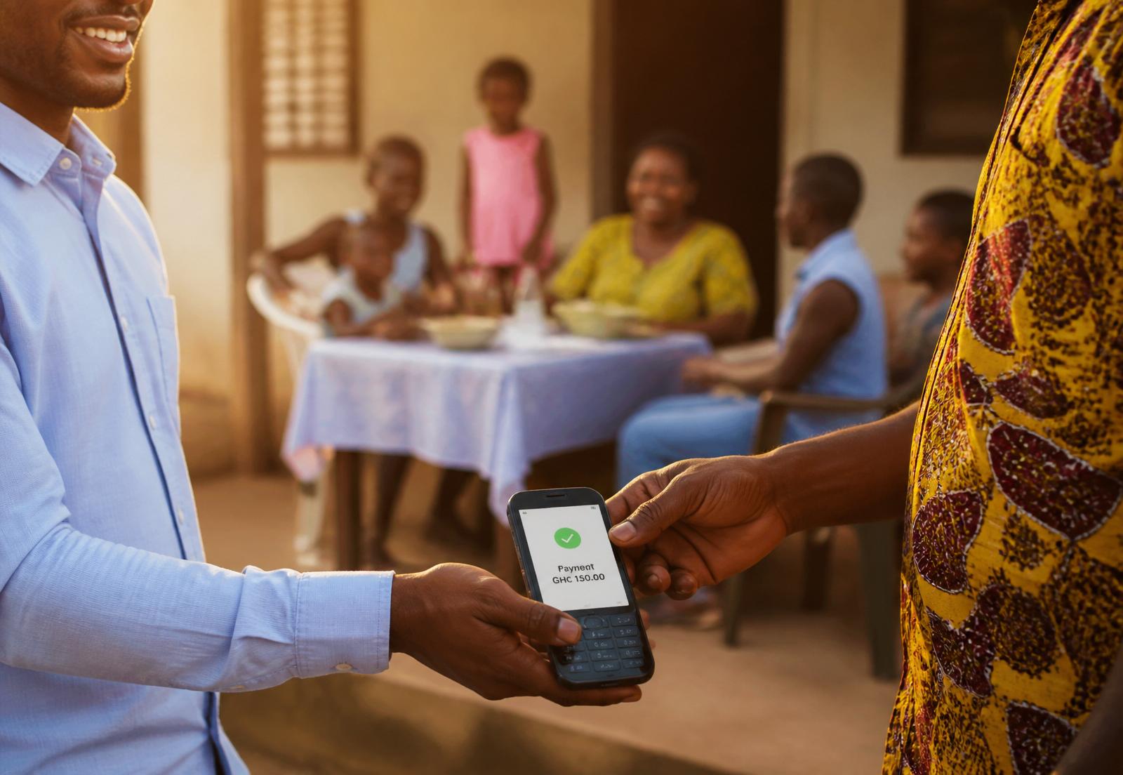 A Ghanaian family using a mobile wallet to send money home